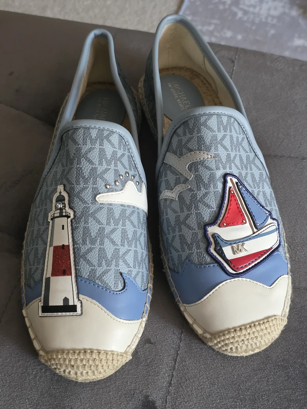 Michael Kors MK Nautical Espadrille Flats Blue Sailboat Lighthouse Size 8.5 New